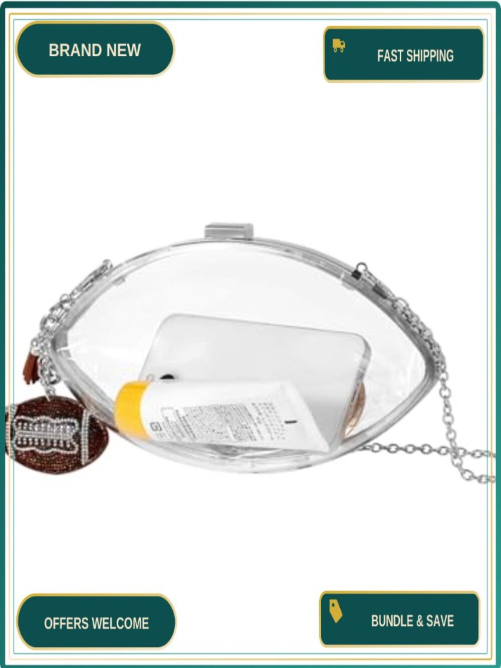 Clear Acrylic Football Purse Charm Crossbody Bag Clutch Game Day